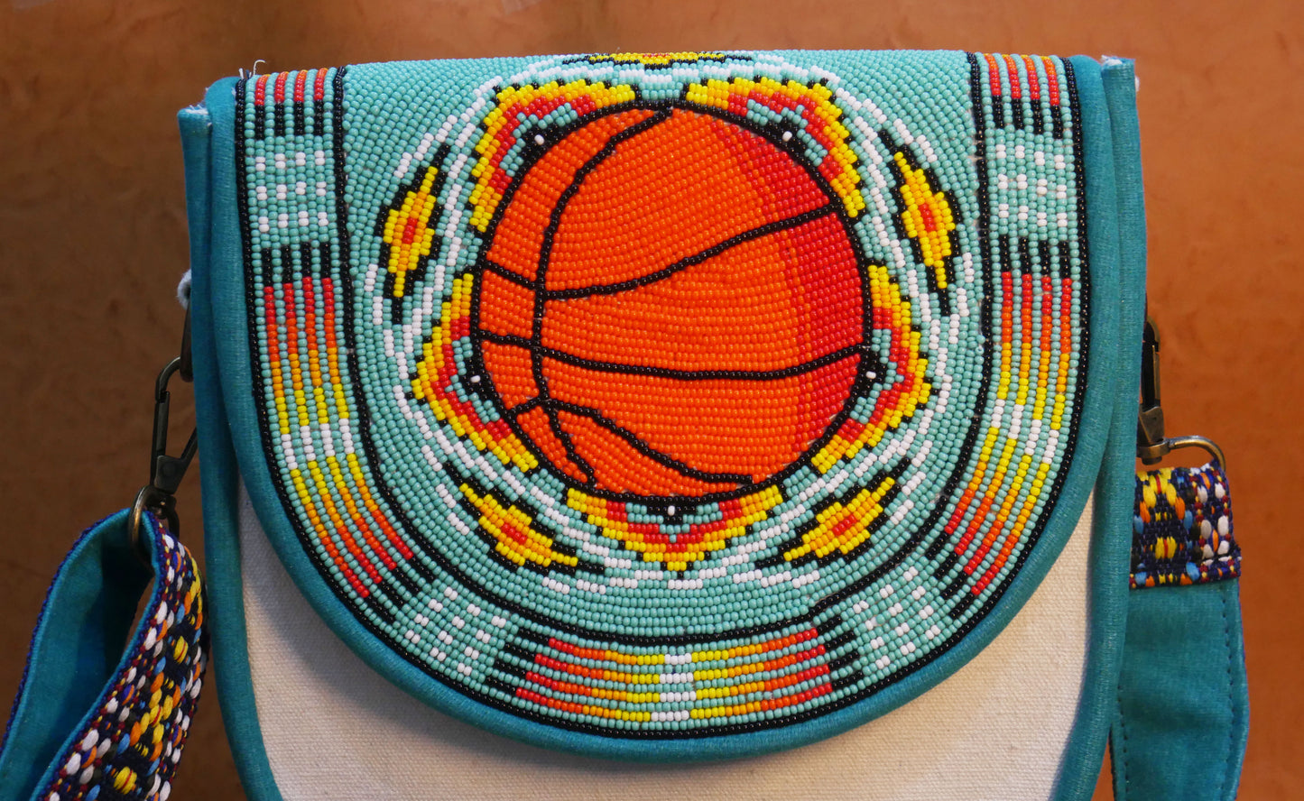 Handmade  Beaded Canvas Crossbody Bag , Shoulder Bag, Gift for Her, Gift for him (Turquoise Basketball)