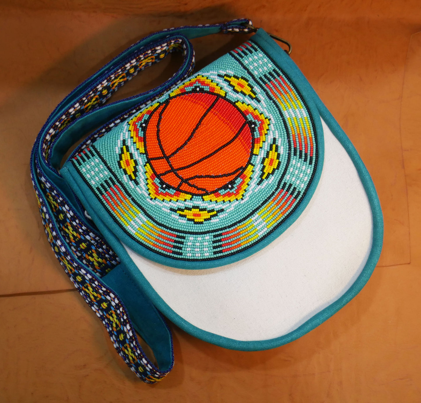 Handmade  Beaded Canvas Crossbody Bag , Shoulder Bag, Gift for Her, Gift for him (Turquoise Basketball)