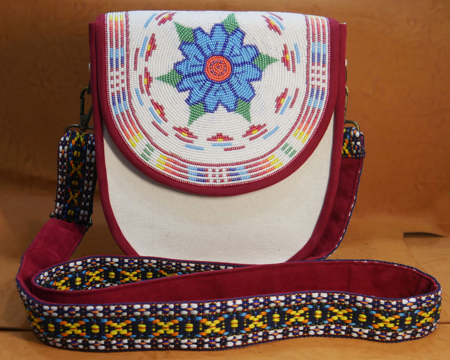 Handmade Beaded Canvas Crossbody Bag , Shoulder Bag, Gift for Her, Gift for him (White Floral Pattern-2)