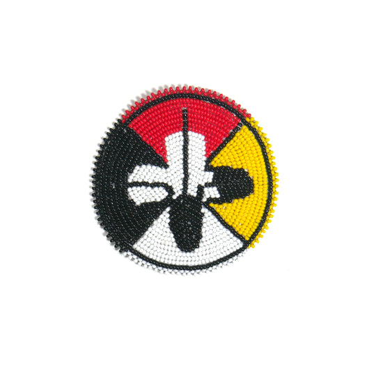 Red Black Yellow & White Feather HANDMADE NATIVE AMERICAN BEADED CRAFT APPLIQUE PATCH ROSETTE 3.0 inch