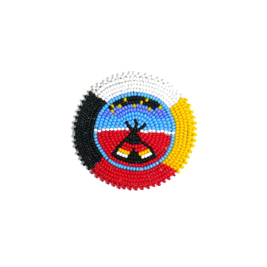 Red Black Yellow White Tee Pee Under the star HANDMADE NATIVE AMERICAN BEADED CRAFT APPLIQUE PATCH ROSETTE 2.5 inch