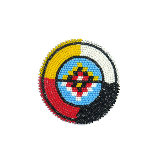 RED BLACK YELLOW & WHITE HANDMADE NATIVE AMERICAN BEADED CRAFT APPLIQUE PATCH ROSETTE 2.5 inch
