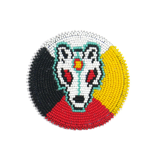 BLACK RED WHITE & YELLOW HANDMADE NATIVE AMERICAN BEADED CRAFT APPLIQUE PATCH ROSETTE 3.0 inch