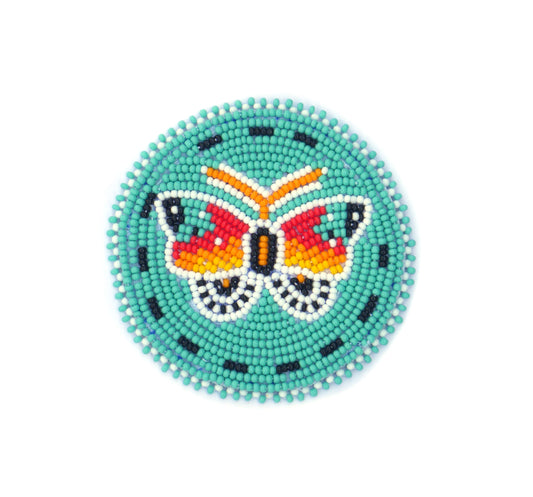 TURQUOISE BUTTERFLY HANDMADE NATIVE AMERICAN BEADED CRAFT APPLIQUE PATCH ROSETTE 2.5 inch