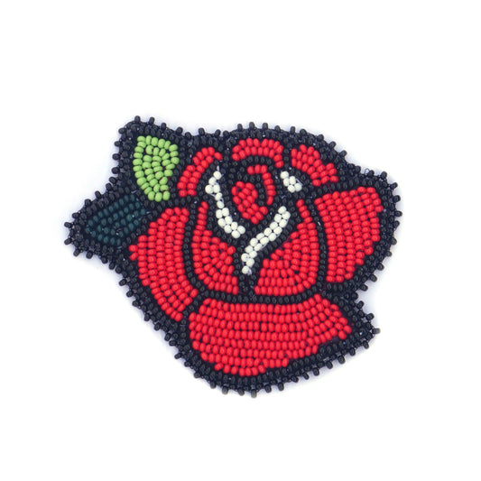 RED ROSE HANDMADE NATIVE AMERICAN BEADED CRAFT APPLIQUE PATCH ROSETTE 3.0 inch