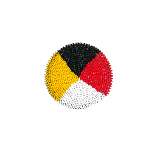 RED BLACK YELLOW & WHITE 4 DIRECTION HANDMADE NATIVE AMERICAN BEADED CRAFT APPLIQUE PATCH ROSETTE 3.0 inch