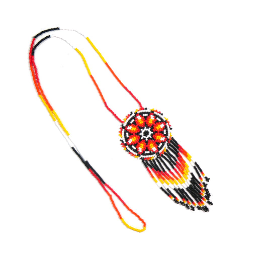 fire Color Native American Morning Star Beaded Medallion Necklace ( Handmade )