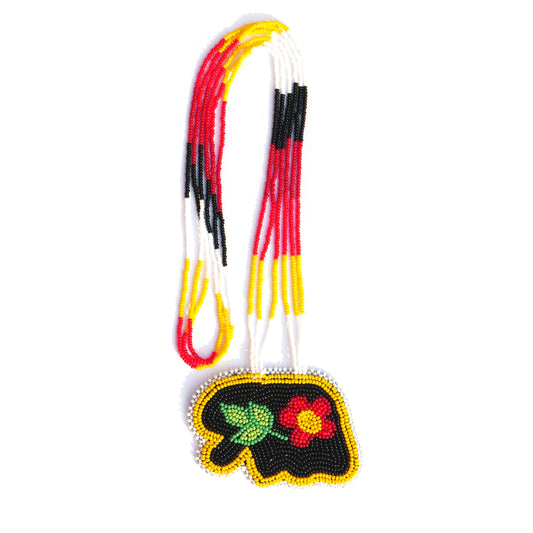 Black Native American Flower Bear-Paw Beaded Medallion Necklace ( Handmade )