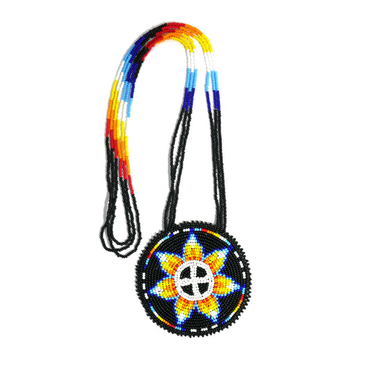 Black Native American Flower Beaded Medallion Necklace ( Handmade )