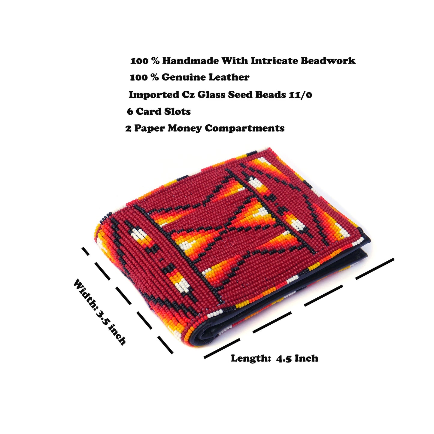 Brownish Red Handmade beaded Leather Wallet seed bead  Native American Beadwork| traditional gifts for men and women