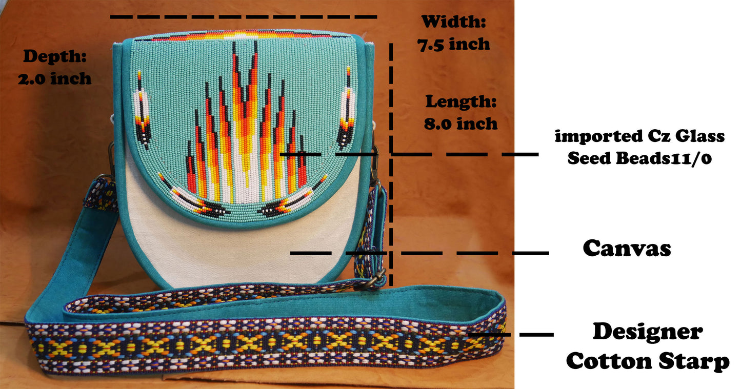 Handmade  Beaded Canvas Crossbody Bag , Shoulder Bag, Gift for Her, Gift for him ( Turquoise Geometric)