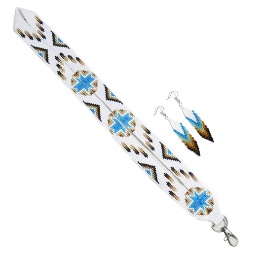 White Star beaded lanyard with matching Beaded Earrings, Native American Lanyard, beaded badge holder, ID card holder