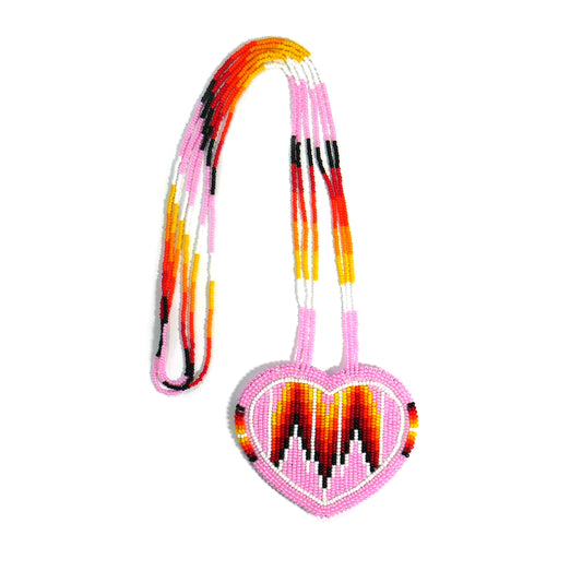 Pink Heart Native American Beaded Medallion Necklace ( Handmade )