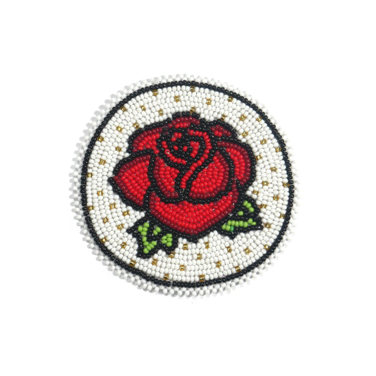 White Rose Handmade Beaded Rosette Medallion Patch Applique Native American Style