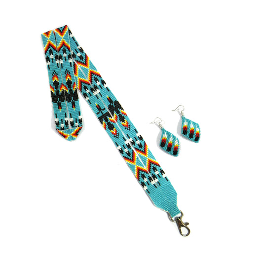 sky-Blue Eagle beaded lanyard with matching Beaded Earrings, Native American Lanyard, beaded badge holder, ID card holder